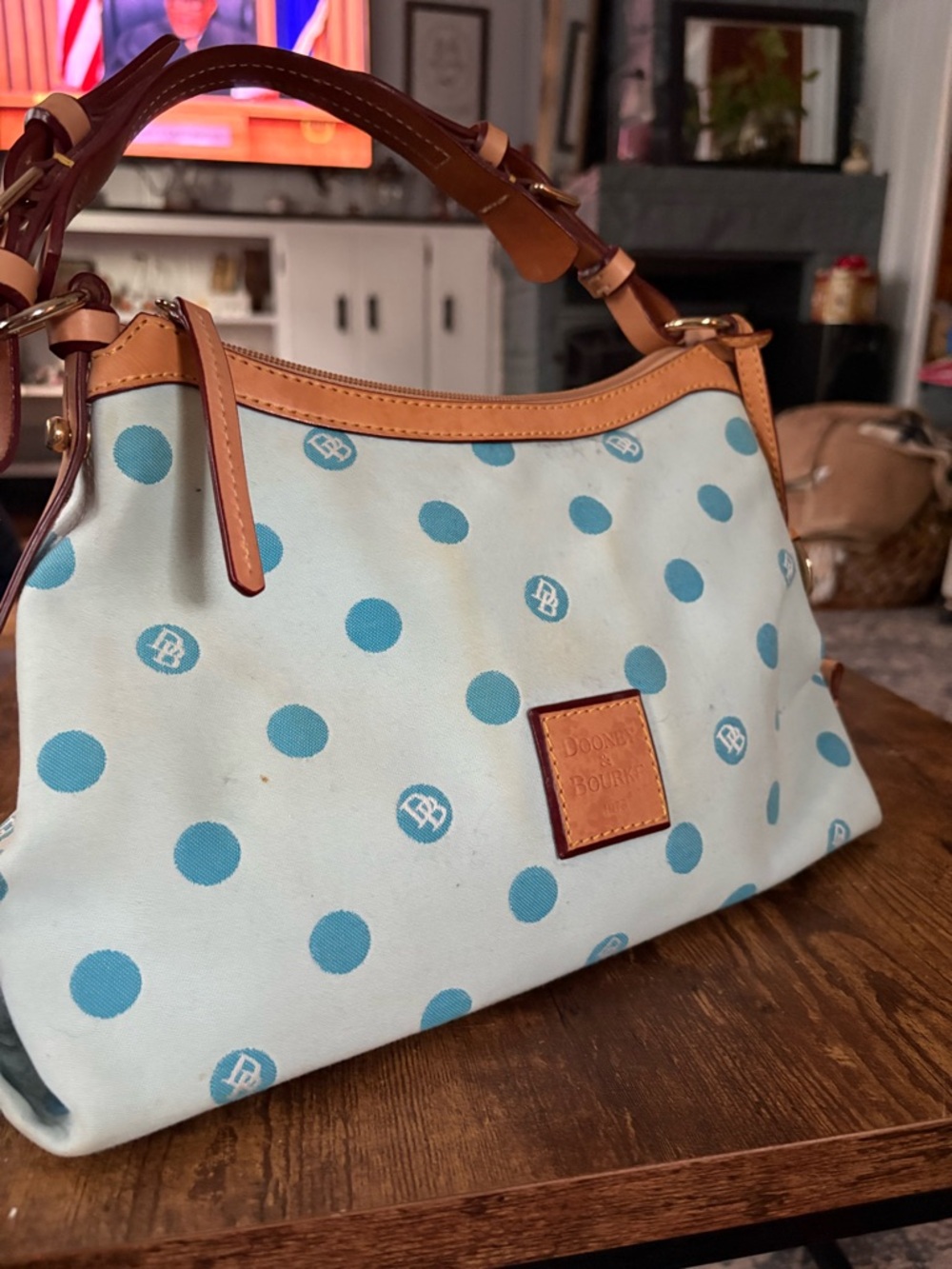 Dooney & Bourke Light Blue Polka Dot Shoulder Bag with Tan Leather Trim
